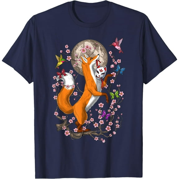 Japanese Fox Kitsune Nine Tailed Fox Cherry Blossom Unisex T-Shirt for Men Women Kids,Navy Color,Size L
