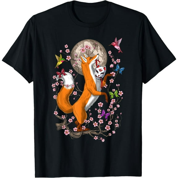 Japanese Fox Kitsune Nine Tailed Fox Cherry Blossom Unisex T-Shirt for Men Women Kids