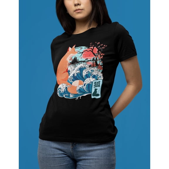 Japanese Fox Kitsune Shirt, Tokyo Osaka Street Wear, Great Wave Kanagawa, Japan Retro Vintage Art T-Shirt
