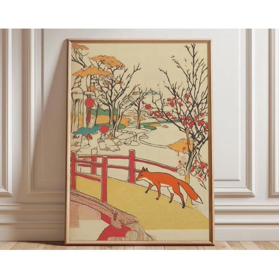 Japanese Fox Landscape Wall Art Print