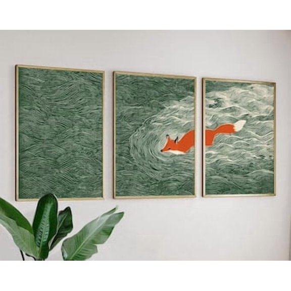Japanese Fox Ocean Wall Art Set, Green Wave Triptych, 3 Posters, Stretched Canvas
