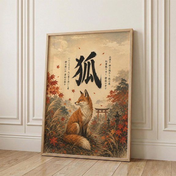 Japanese Fox Poster, Zen Japandi Home Wall Decor, Vintage Autumn Maple Leaf Art Print Office Decor , Poster Print Only