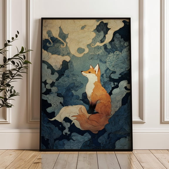 Japanese Fox Wall Art Poster, Ukiyo e Style Kitsune Art Print, Mystical Fox Cloud Illustration, Japandi Nature Decor, Zen Aesthetic Animal Artwork 24x36 UNFRAMED
