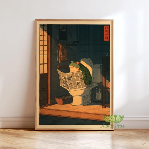 Japanese Frog Bathroom Print, Funny Frog Wall Art, Modern Japanese Style, Vintage Japandi Bathroom Decor Unframed Paper Print