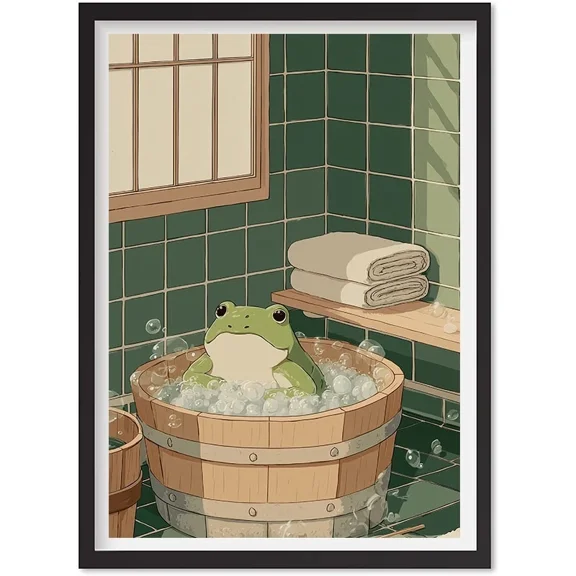 Japanese Frog In A Bathtub Poster, Japanese Bathroom Wall Art, Japandi Art Decor, Matte Canvas Stretched, Posters for Room Bedroom Living Room Bathroom Wall Decor, Posters & Art Prints, Gift.