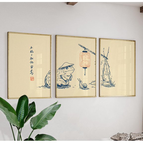 Japanese Frog Illustration Wall Art Set Asian Ink Triptych Posters Minimalist Nature Decor Set 3
