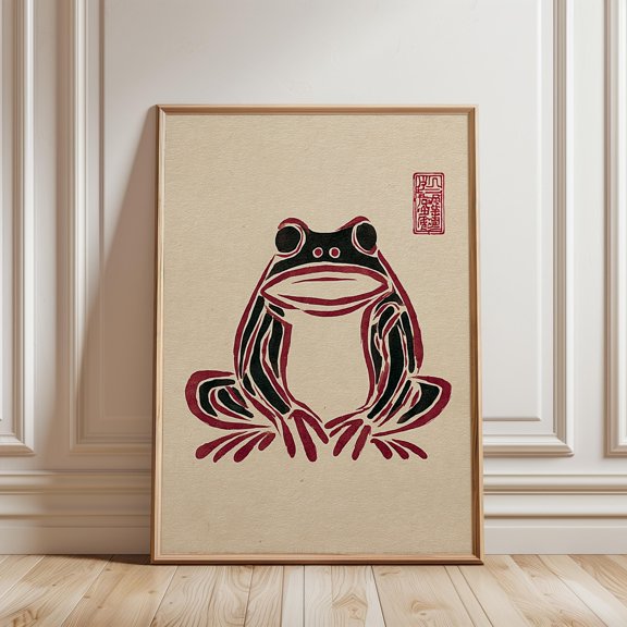 Japanese Frog Ink Print, Deep Magenta Woodblock-Style, Poster Only