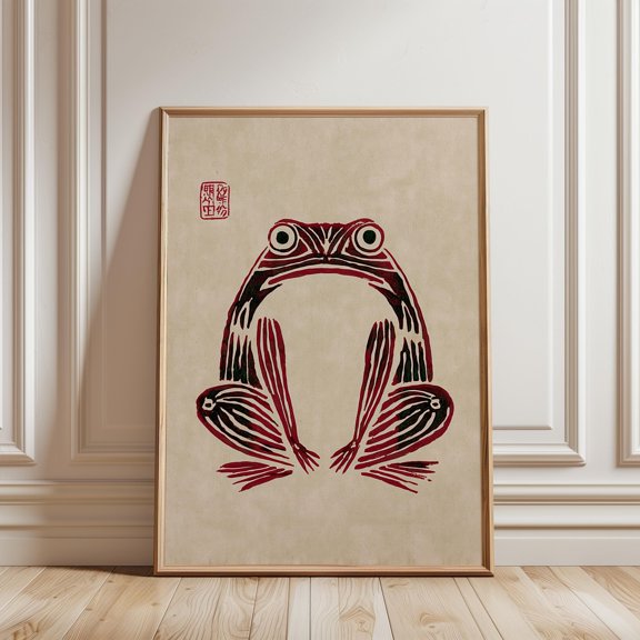 Japanese Frog Ink Print, Deep Magenta Woodblock-Style, Poster Only