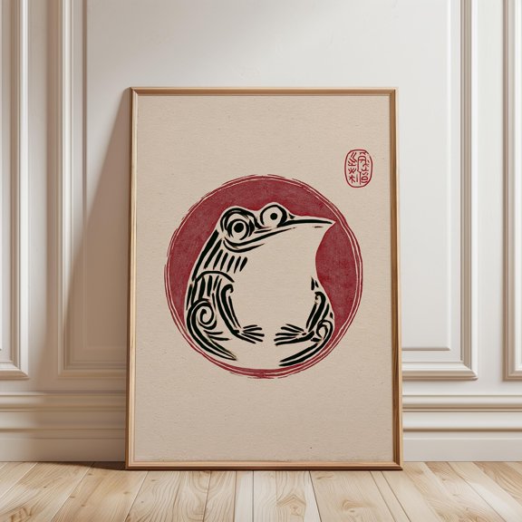 Japanese Frog Ink Print, Red Woodblock-Style, Poster Only