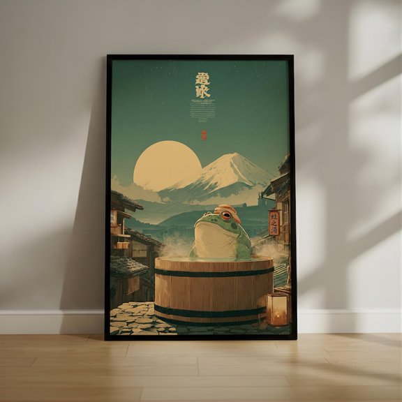 Japanese Frog Onsen Poster – Mount Fuji Moonlit Bath Art Print, Vintage Ukiyo-e Inspired Aesthetic Wall Decor 8x12 – UNFRAMED