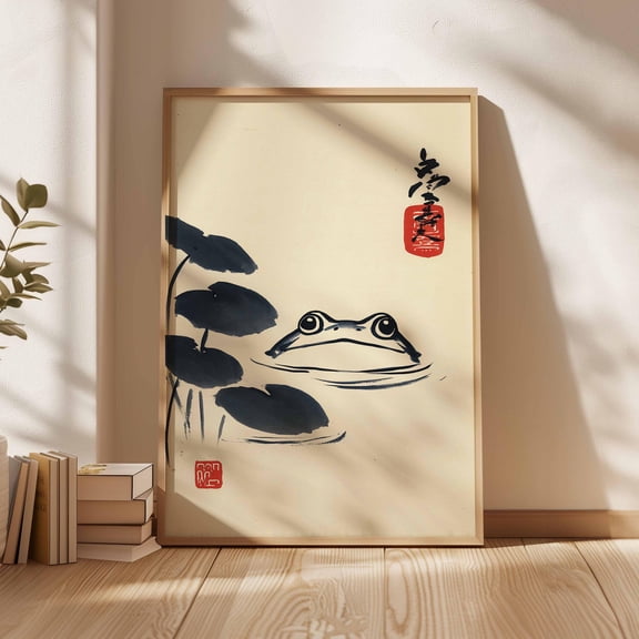 Japanese Frog Poster, Lotus Pond Wall Art, Vintage Ukiyo-e Frog Print, Zen Nature Illustration, Traditional Japanese Decor