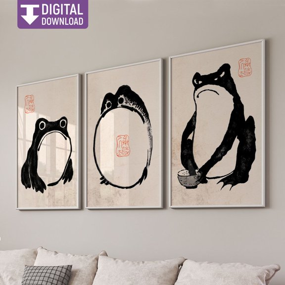 Japanese Frog Print Set: Vintage Ukiyo-e Wall Art Set 3 Unframed Paper Print 20x30