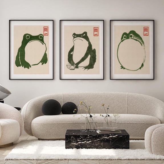 Japanese Frog Print Zen Japandi Minimal Ink Sumi e Style Decor Set 3 Unframed Paper Print 8x12