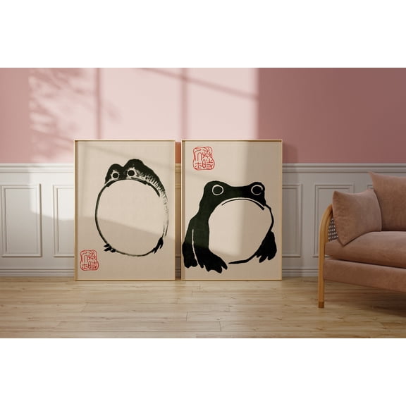 Japanese Frog Prints Funny Toad Posters Minimalist Wall Art Animal Decor Set 2