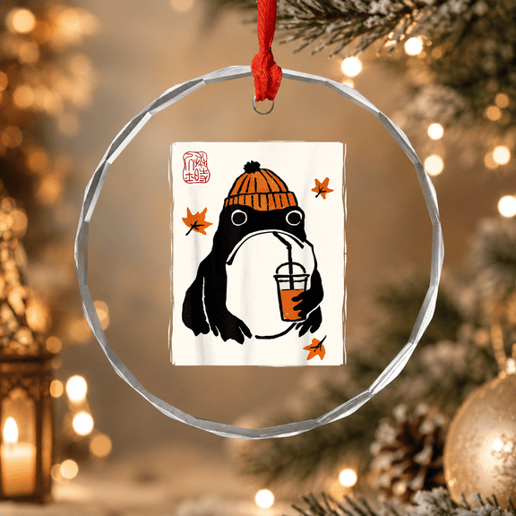 Japanese Frog Pumpkin Spice Fall Autumn Halloween Ornament, Holiday Decor, Circle Glass Ornament