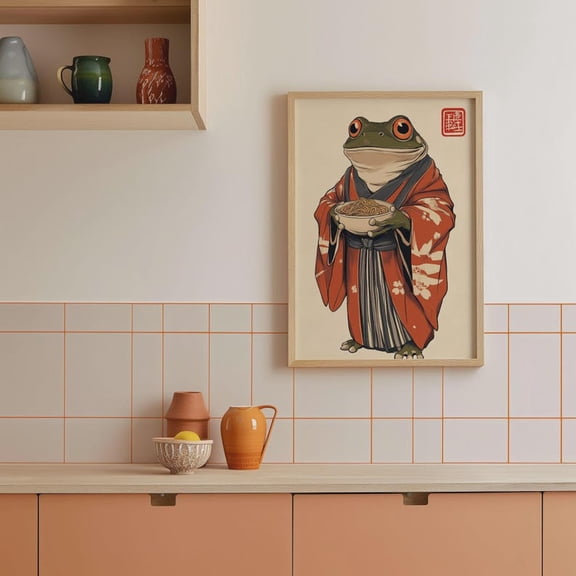 Japanese Frog Ramen Art Print, Samurai Frog Wall Art, Kawaii Noodle Poster, Whimsical Japanese Decor, Red Kimono Frog Illustration 8x12 – UNFRAMED