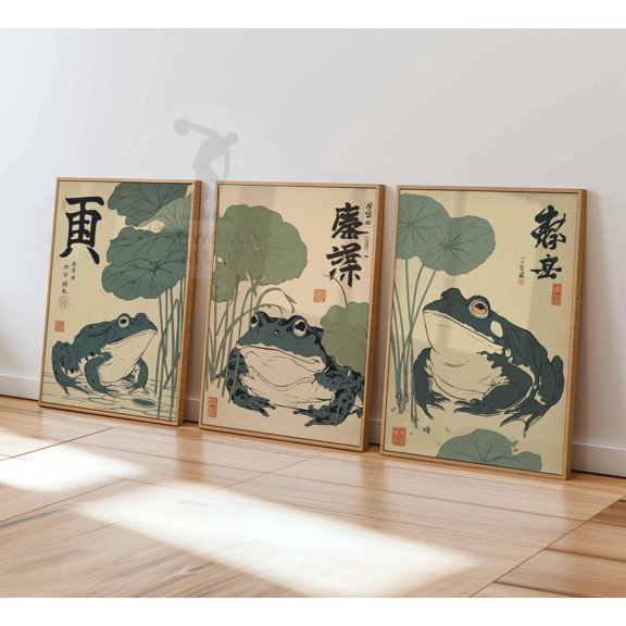 Japanese Frog Vintage Frog Wall Art Lotus Leaf Traditional Japanese Decor Set 3 Unframed Paper Print 20x30