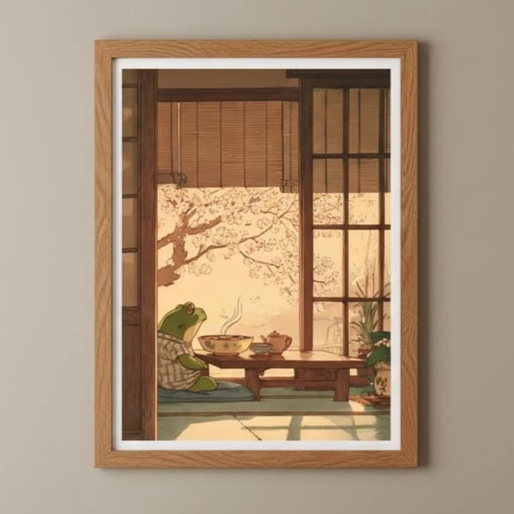 Japanese Frog With Ramen And A View Wall Art | Scenic Japanese Style Print | Cherry Blossom Tree Artwork, Unframed Canvas Size 8x12