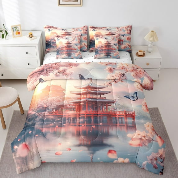Japanese Full Bed In A Bag 7 Piece 3D Red Pavilion Bedding Set With Sheets Blossom Cherry Blossom Butterfly Comforter Set Japanese Sakura Floral Bed Set Aesthetics Room Decor