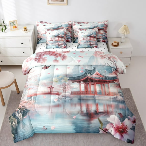 Japanese Full Comforter Set 7 Piece Butterfly Cherry Blossom Bed In A Bag With Sheets Japanese Bridge Pavilion Mount Fuji Bedding Set Teen Women Aesthetics Scenery Bed Set