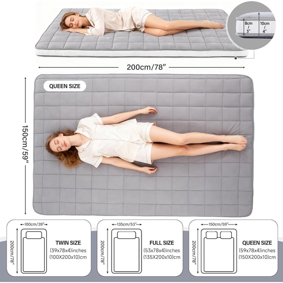 Japanese Futon Floor Mattress, Queen Size Thick Tatami Mat Portable & Foldable Roll Up Floor Bed Mattress with Storage Bag, Sleeping Pad for Adults, Dorm, Guest Bed, Camping and Travel, Grey