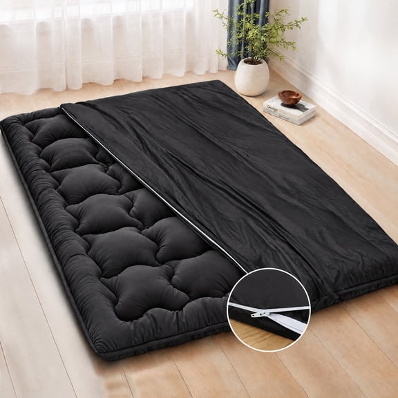 COZY HARBOR Japanese Floor Futon Pad 2 Inch Wave Quilt Shredded Memory Foam Sleeping Pad, Twin(39"×80") with Zippered Washable Cover, Foldable,Black