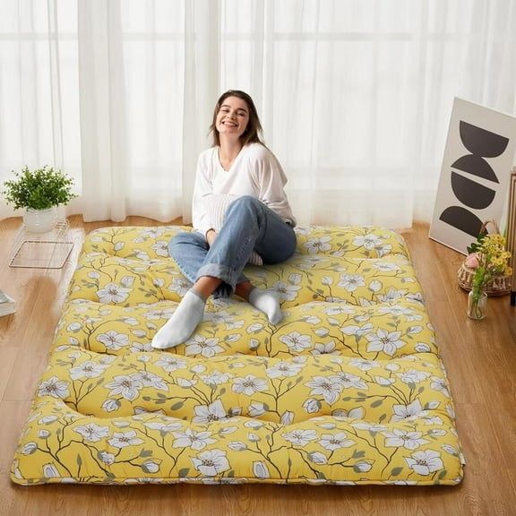 Japanese Futon Mattress, Floral Pattern 3" Thicken Tatami Mat Sleeping Pad Foldable Roll Up Mattress for Adult, Full