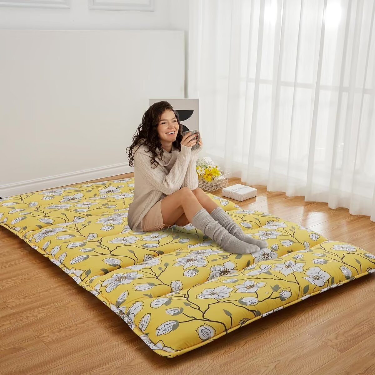 Japanese Futon Mattress, Floral Pattern 3" Thicken Tatami Mat Sleeping Pad Full Size Foldable Roll Up Mattress for Camping Travel
