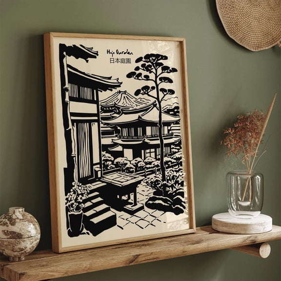 Japanese Garden Black Ink Landscape Unframed Paper Print