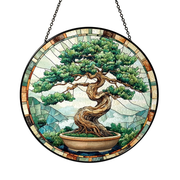 Japanese Garden Bonsai Tree Metal Sign, Stained Glass Style Wall Art Decor, Zen Inspired Landscape Plaque, Outdoor Garden Hanging Ornament, Asian Home Accent Gift