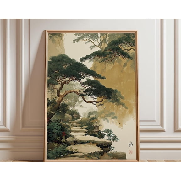 Japanese Garden Path Forest Landscape Green Beige Wall Art Print, Unframed Paper Poster 8x10in