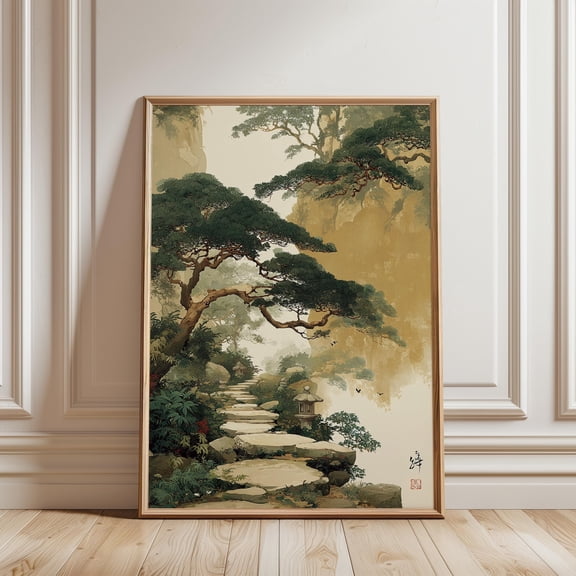 Japanese Garden Path Poster Green Beige Wall Art Forest Landscape Illustration Print Serene Asian Nature Home Decor, Japanese Vintage, Art, Unfreamed 8x12