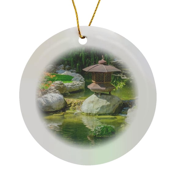 3drose, Japanese Garden River Lantern, Circle Porcelain Ornament