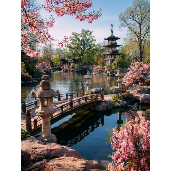 Japanese Garden Scroll Canvas Print,Living Room Yoga Studio Wall Decor