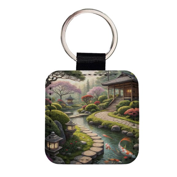 Japanese Garden with Koi Faux Leather Square Keychain