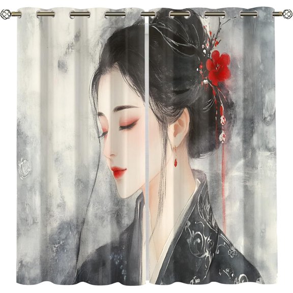 Japanese Geisha Blackout Curtains, Kimono Girl Oriental Art Curtains, Grommet Drapes for Living Room Bedroom Kitchen Home Decor 26"W x 45"L (Pack of 2)