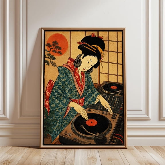 Japanese Geisha DJ Poster Ukiyoe Inspired Vinyl Turntable Wall Art
