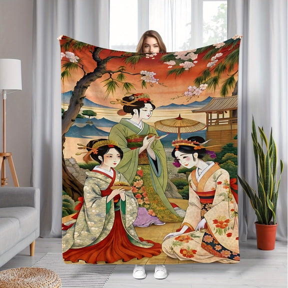 Japanese Geisha Floral Landscape Print Flannel Blanket - All-Season Soft Polyester Throw for Sofa, Bed, Travel & Home Decor, Vibrant Digital Art Contemporary Style, Cute Blanket, Sofa Accessory, Deta