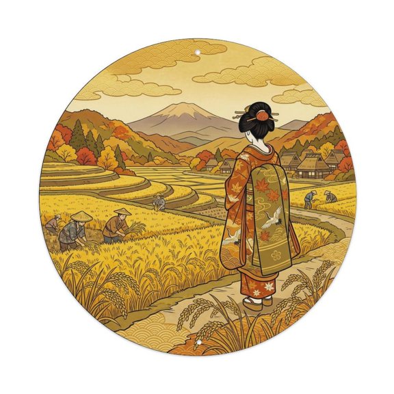 Japanese Geisha Harvest Rice Field Golden Autumn Vintage Metal Tin Sign Plaque Wall Decor for Cafe, Club, Garden Round Metal Poster 8x8Inch
