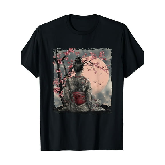 Japanese Geisha Japanese Samurai Girl Sakura Cherry Blossom 220g 100% Cotton T-Shirt