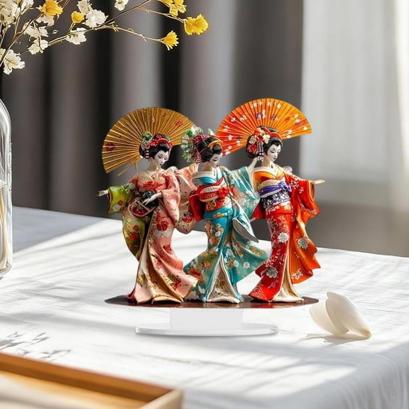 Japanese Geisha Kimono Doll Sign 2D Acrylic Plaque Table Decor 7.1" Dancing Japanese Kimono Geisha Figurine Tabletop Centerpiece Signs for Table Shelf Mantel Decorations Home Decor Gift
