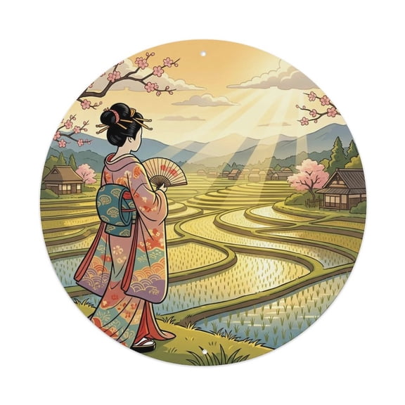 Japanese Geisha Morning Light Rice Field Pastoral Vintage Metal Tin Sign Plaque Wall Decor for Cafe, Club, Garden Round Metal Poster 8x8Inch