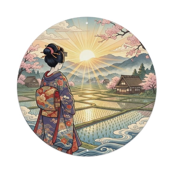Japanese Geisha Morning Light Rice Paddy Field Vintage Metal Tin Sign Plaque Wall Decor for Cafe, Club, Garden Round Metal Poster 8x8Inch