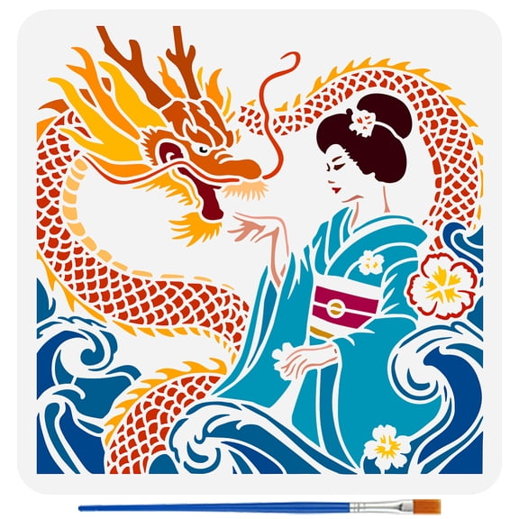 Japanese Geisha Painting Stencil with Brush 11.8x11.8inch Plastic PET Wave Dragon Drawing Template Decorative Hollowed Oriental Theme Stencil for DIY