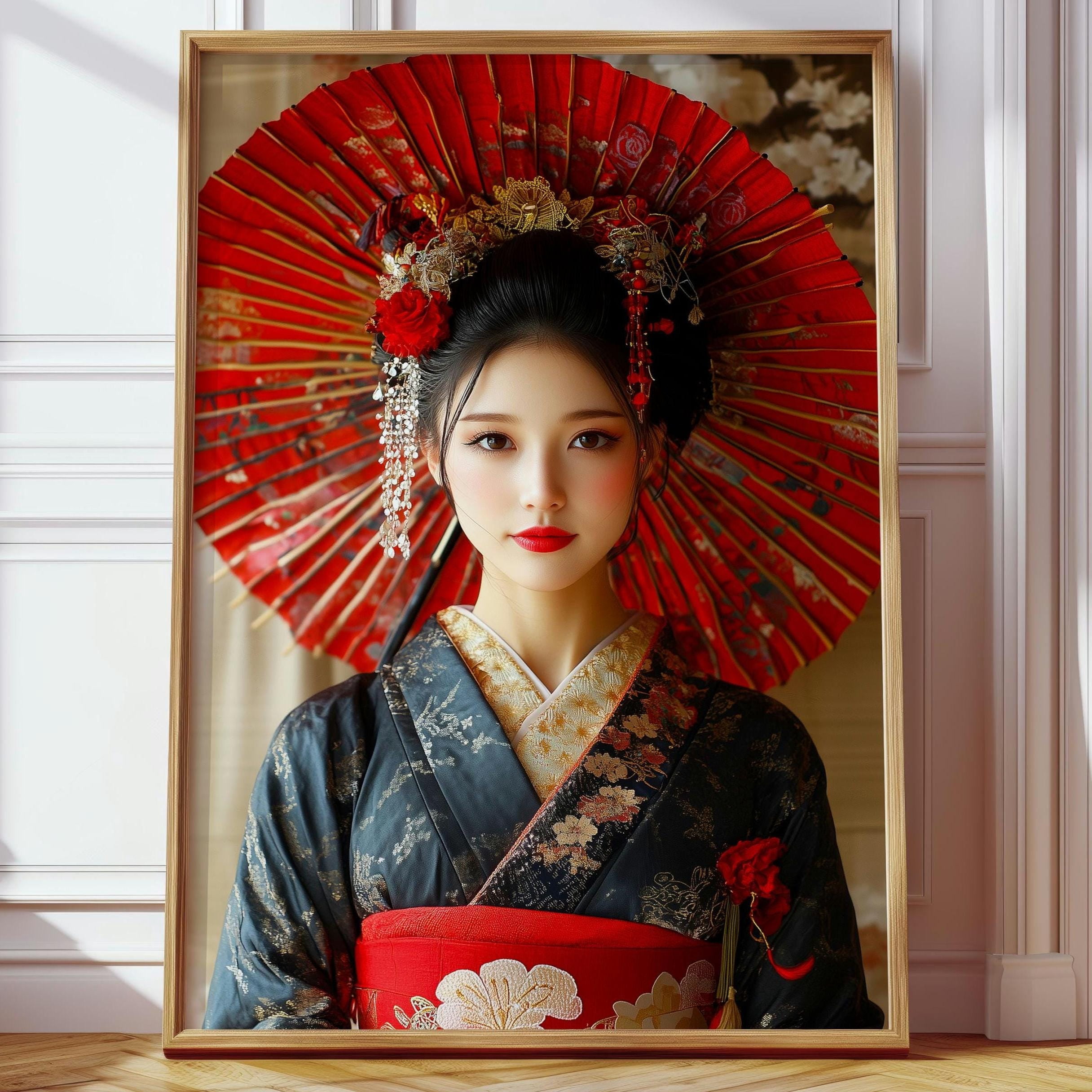 Traditional Geisha Mirror Japanese Geisha Portrait Woman In Kimono Traditional Edo-style Umbrella ...