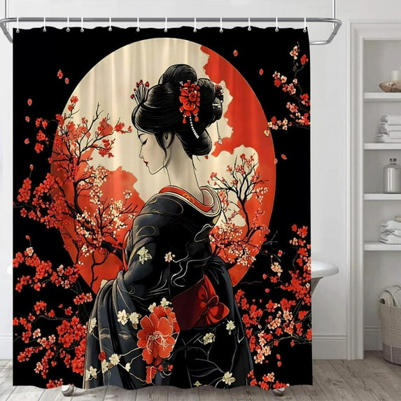 Japanese Geisha Shower Curtain Asian Red Cherry Blossoms Floral Full Moon Sun Oriental Woman Traditional Japan Girl Spring Garden Scenery on Black Bathroom Decor Fabric Curtain with Hooks