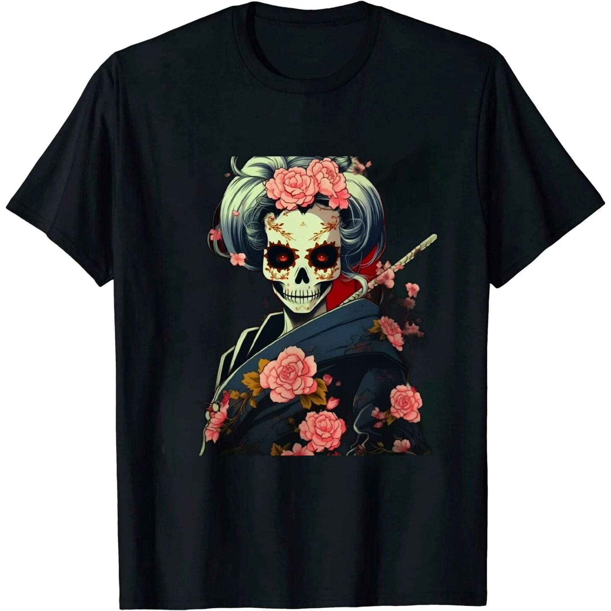 Japanese Geisha Skull Cherry Blossom Graphic Tee - Walmart.com