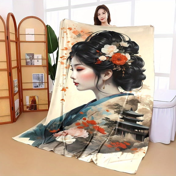 Japanese Geisha-Style Flannel Throw Blanket Traditional Floral & Cherry Blossom Design with Mount Fuji & Pagoda Artwork Soft Warm & Cozy