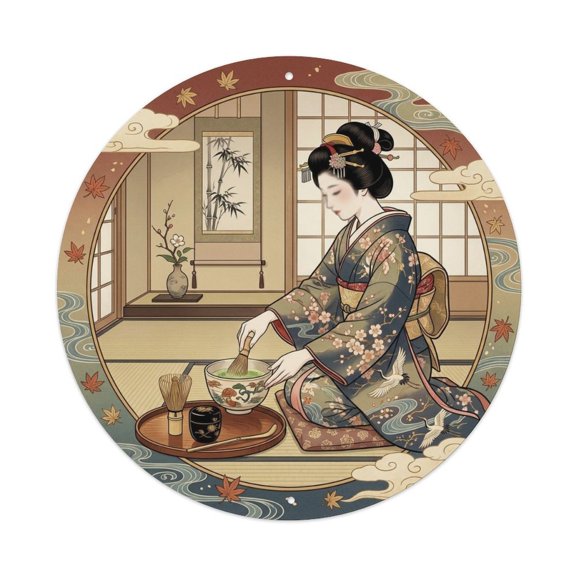 Japanese Geisha Tea Ceremony Ritual Tranquility Vintage Metal Tin Sign Plaque Wall Decor for Cafe, Club, Garden Round Metal Poster 8x8Inch