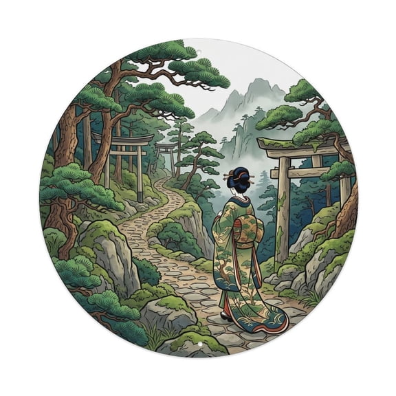 Japanese Geisha Walking Mountain Path Winding Vintage Metal Tin Sign Plaque Wall Decor for Cafe, Club, Garden Round Metal Poster 8x8Inch
